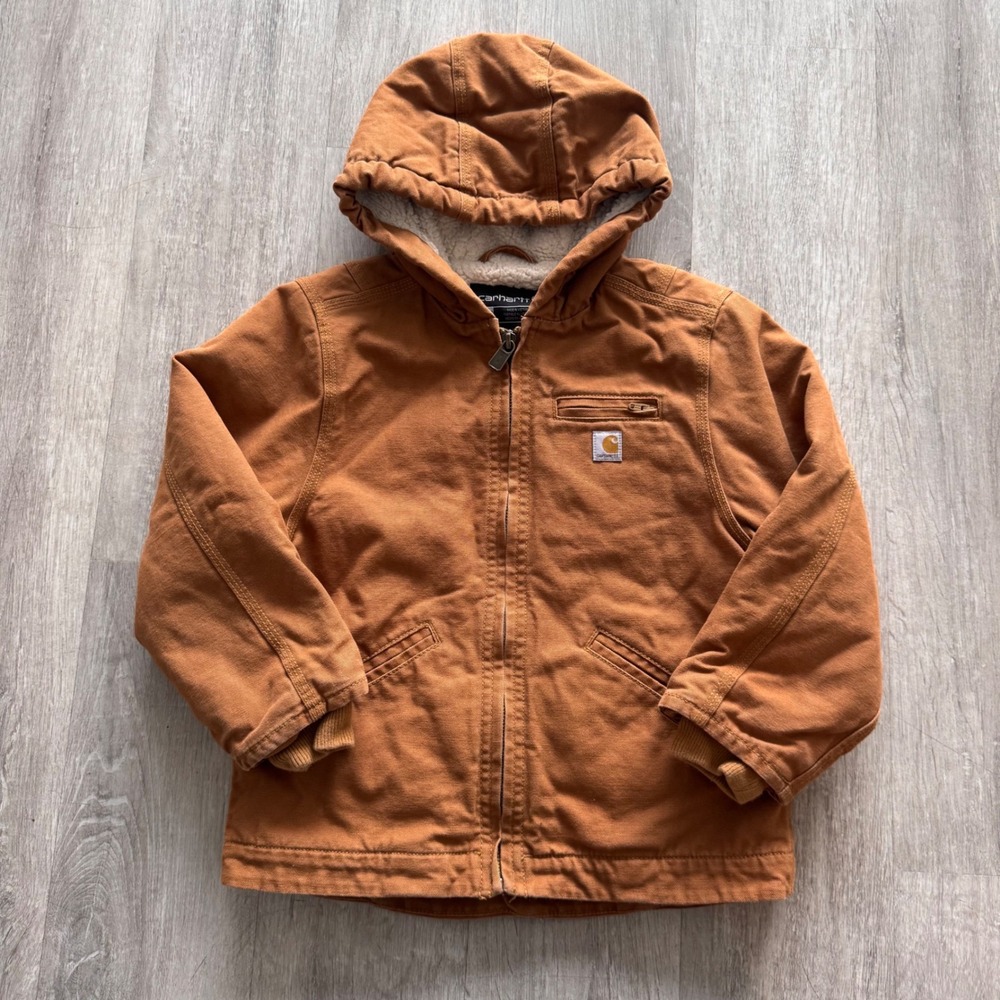 Carhartt Kids XXS 4-5 Brown Sherpa Lined Canvas Hooded Active Jacket Coat